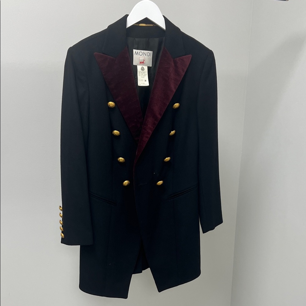Mondi Vintage Long Blazer with Deep Red Lapels and Gold Buttons